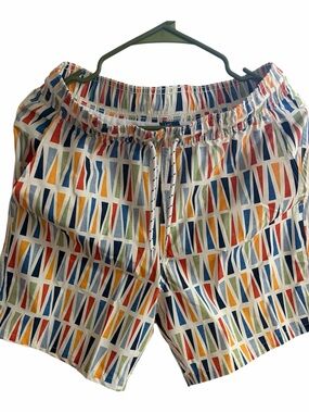 George White Swim Trunks with Blue, Orange & Green Geometric Stripe Print